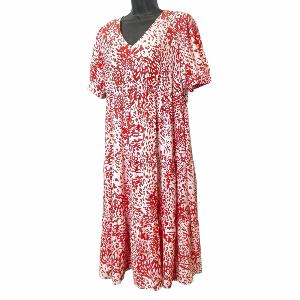 Jodifl Womens Large Animal Print Dress V Neck Pockets Lined Red White NWT - Picture 4 of 14